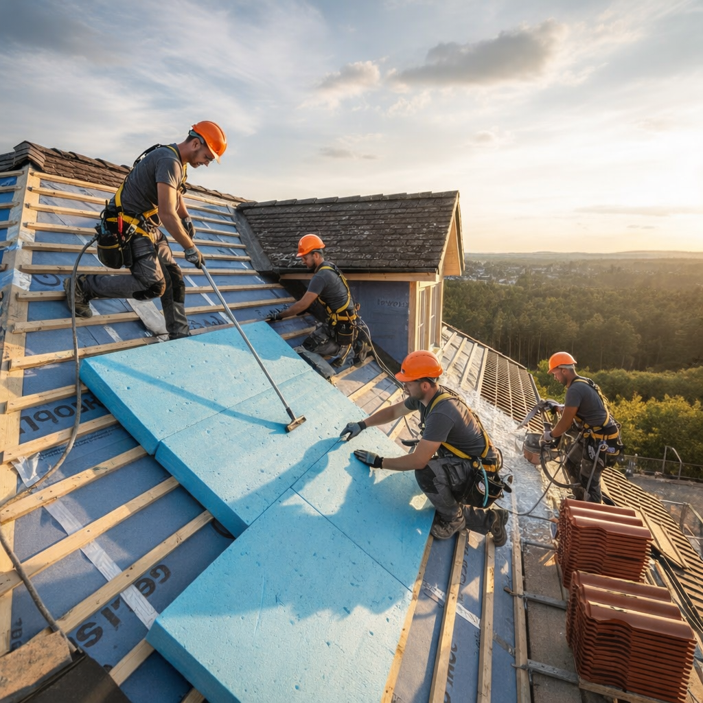 Çatı onarımı sırasında işçiler ve izolasyon